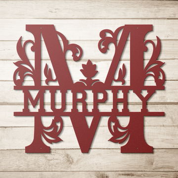 Murphy_Family_Monogram_Metal_Sign_Red_Simple_Wood_BKGD_Mockup.png
