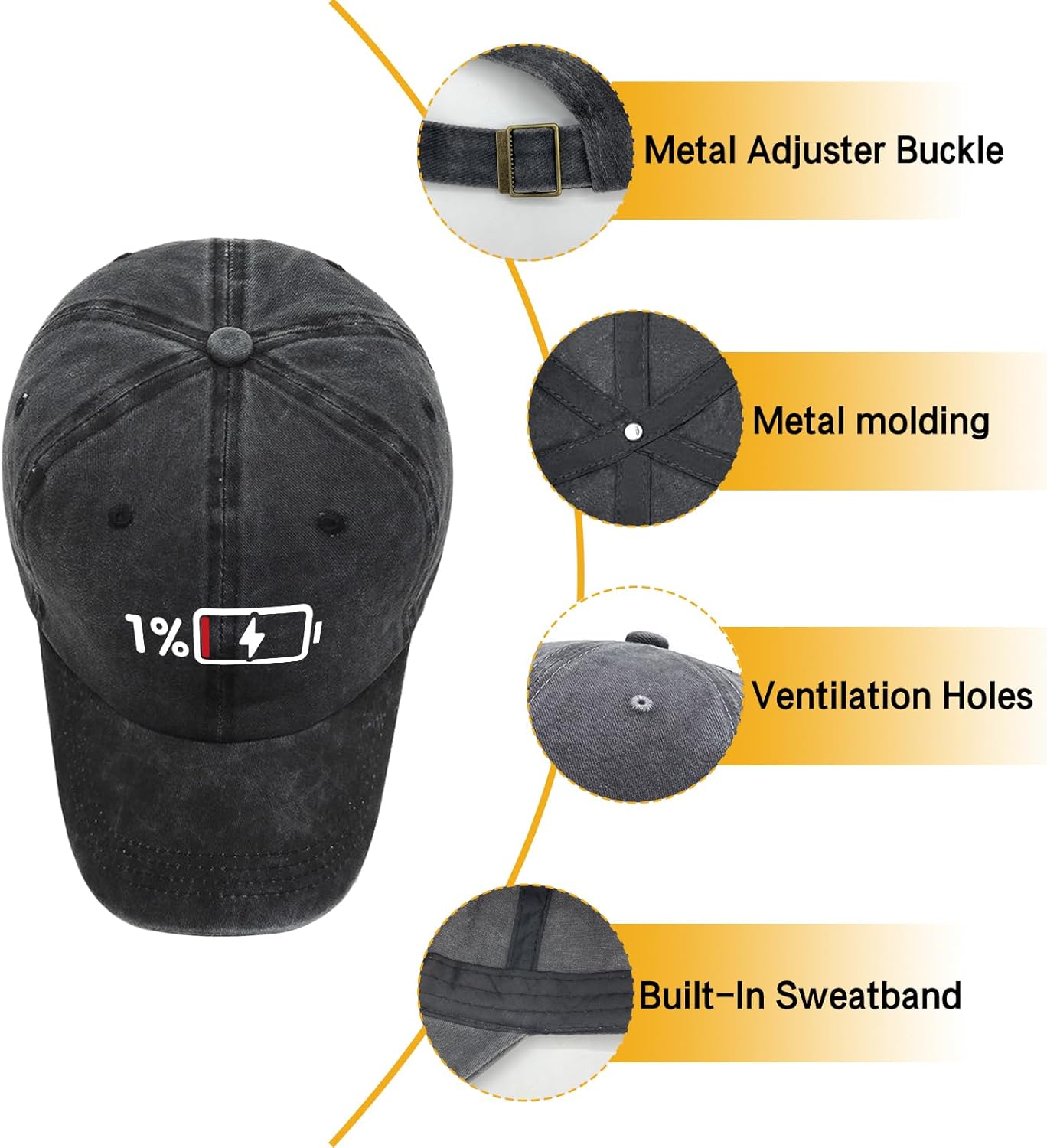 Low Battery 1% Low Energy Vintage Washed Baseball Cap