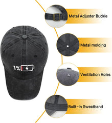 Low Battery 1% Low Energy Vintage Washed Baseball Cap
