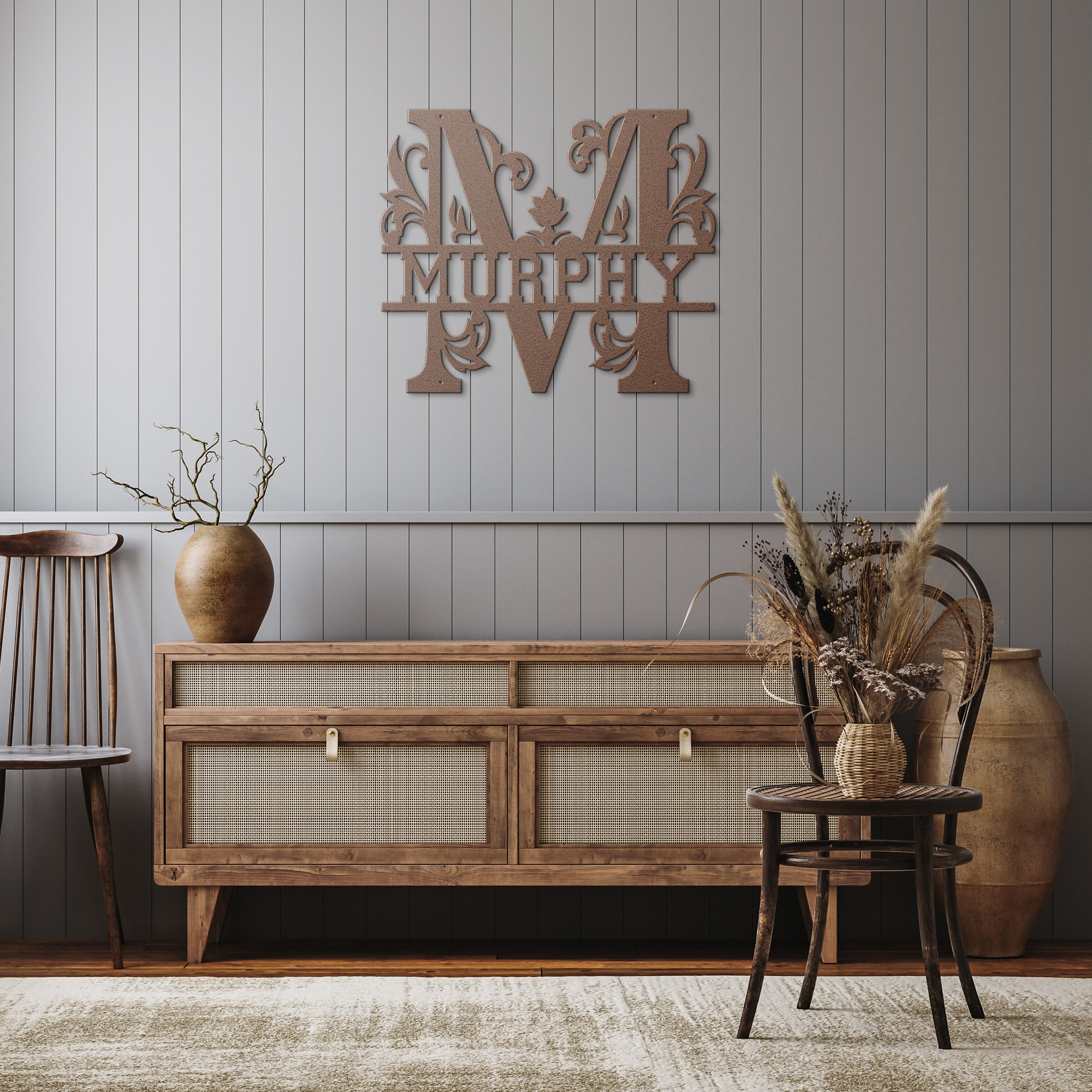 Murphy_Family_Monogram_Metal_Sign_Copper_Rustic_Hallway_Mockup.png