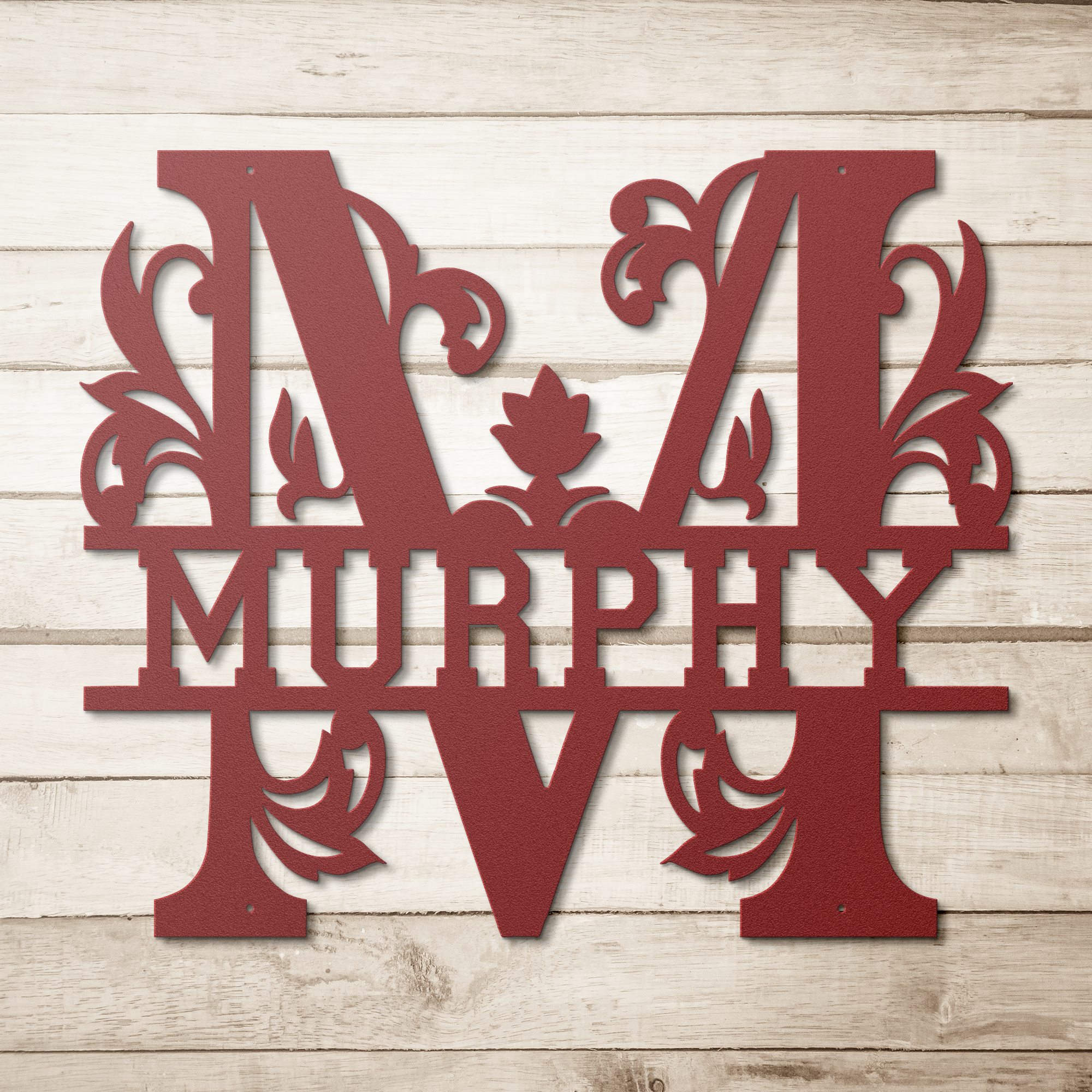 Murphy_Family_Monogram_Metal_Sign_Red_Simple_Wood_BKGD_Mockup.png