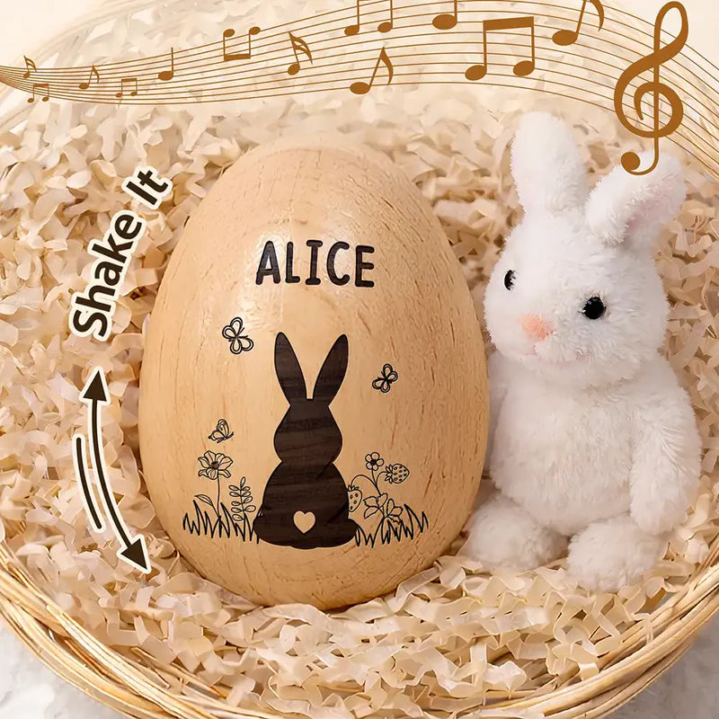 Personalized Musical Wooden Easter Egg Shaker - Bunny With Spring Flowers