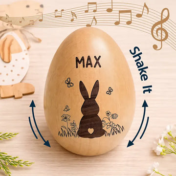 Personalized Musical Wooden Easter Egg Shaker - Bunny With Spring Flowers