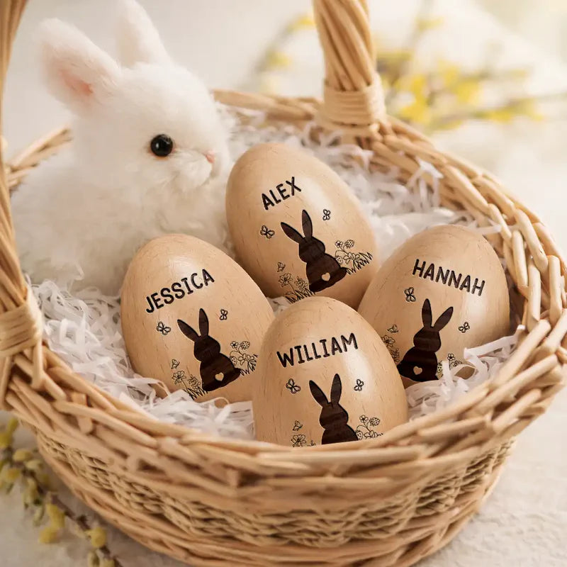 Personalized Musical Wooden Easter Egg Shaker - Bunny With Spring Flowers