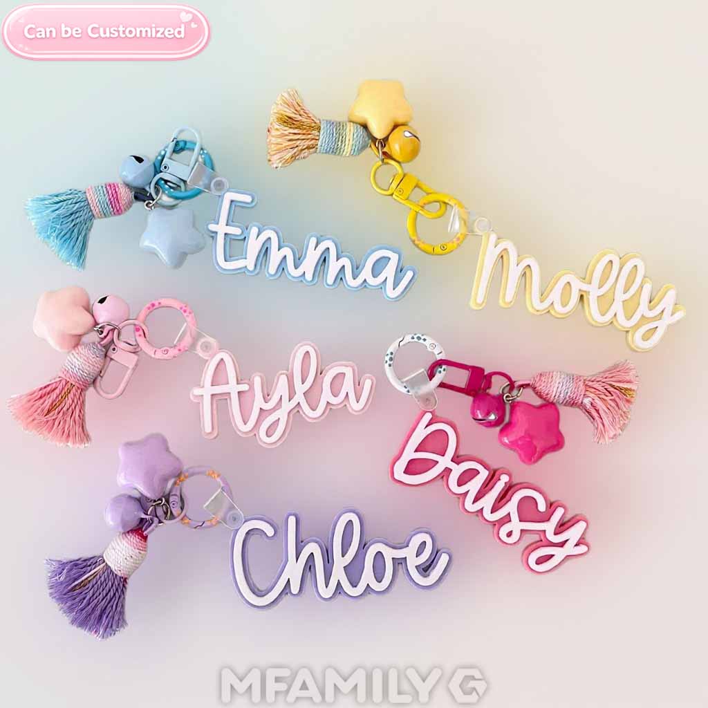 Personalized Name Keychain – Custom Acrylic Keyring with Tassel & Charm Gift