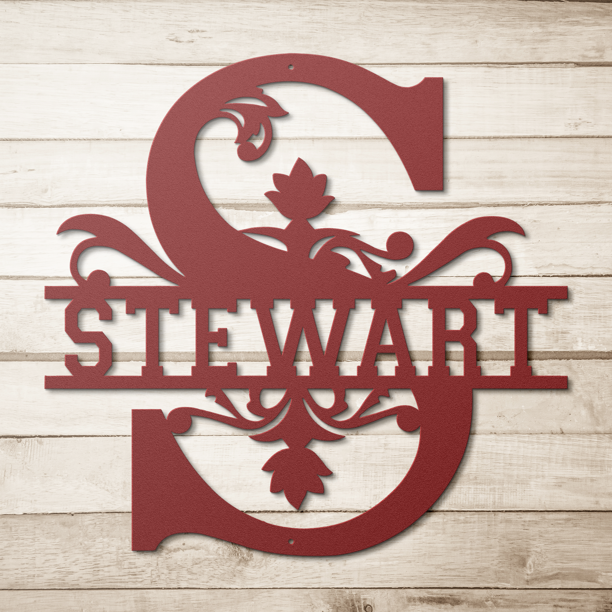 Stewart_Family_Monogram_Metal_Sign_Red_Simple_Wood_BKGD_Mockup.png